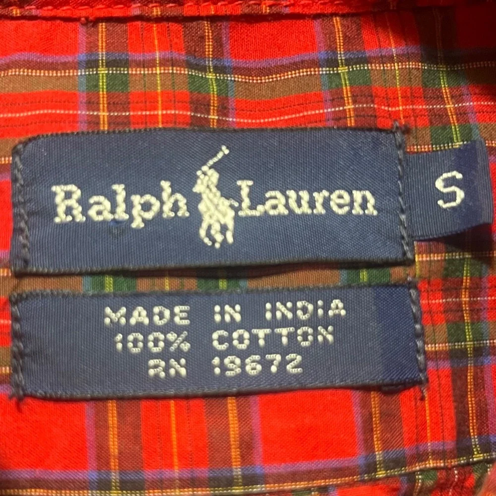 Ralph Lauren Red‎ Christmas Plaid Tartan Button Collar Shirt Small Youth Preppy